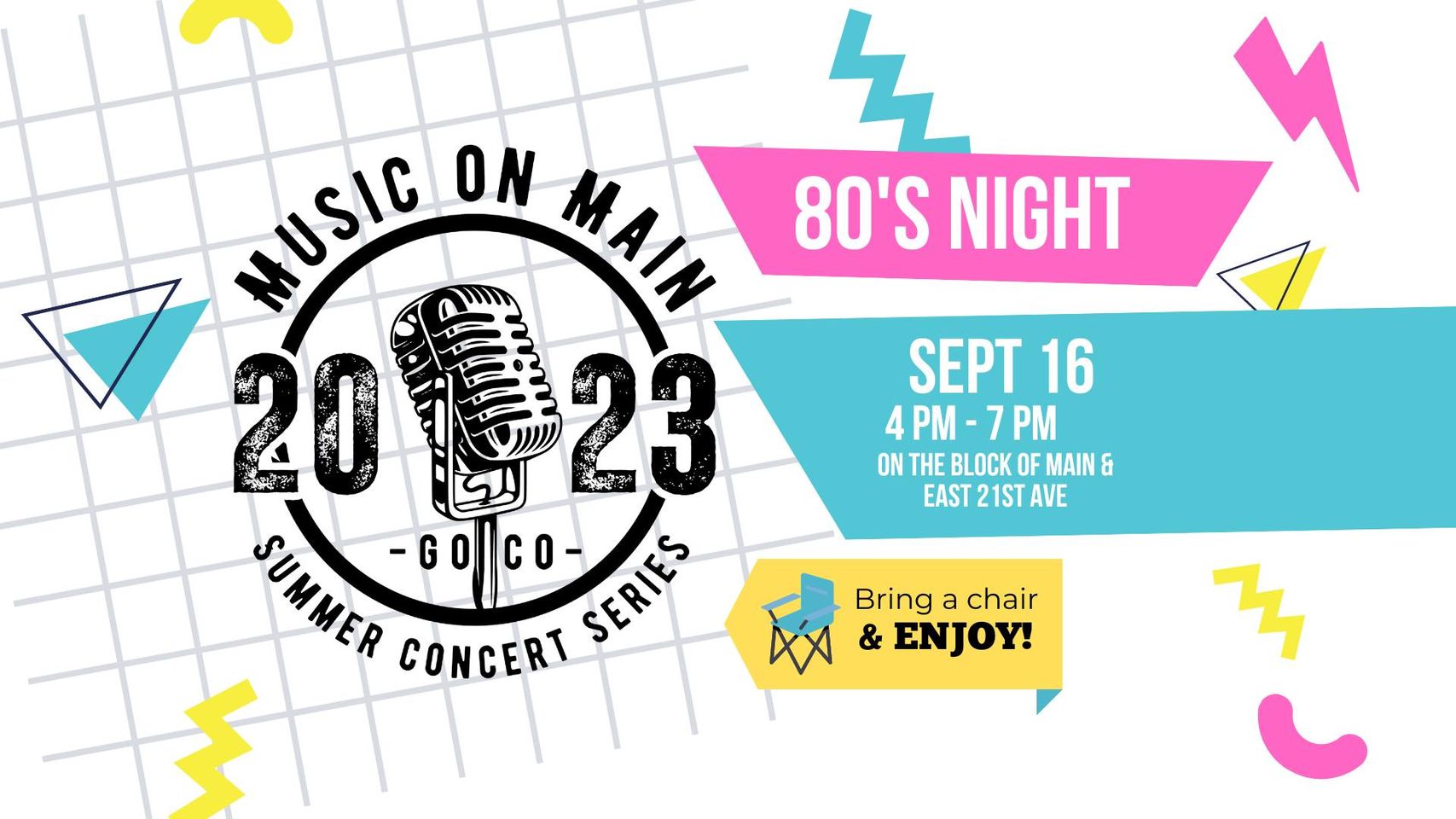 a flyer for Music on Main - 80's Night