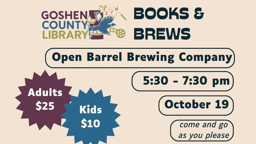 a flyer for Books and Brews at Goshen County Library