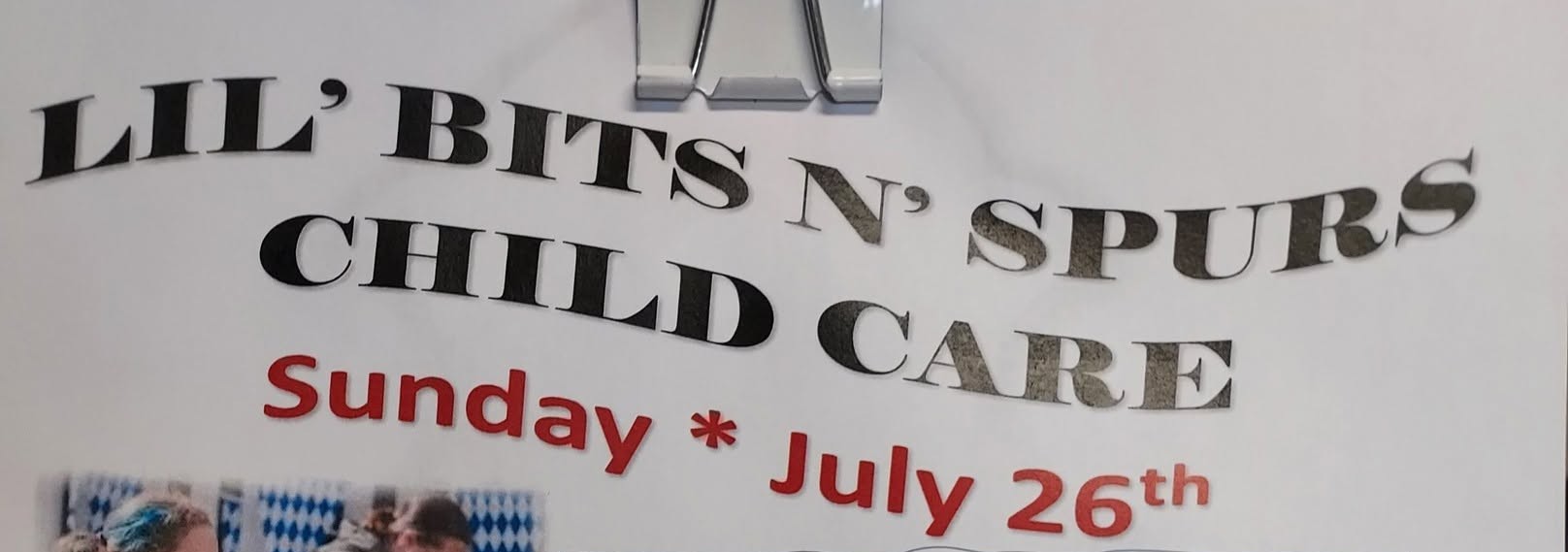 Lil’ Bits N’ Spurs Child Care flyer for Sunday, July 26 events at the Goshen County Fairgrounds, including dog races, Big Barn Bash, pedal tractor pull, and bucket calf show.