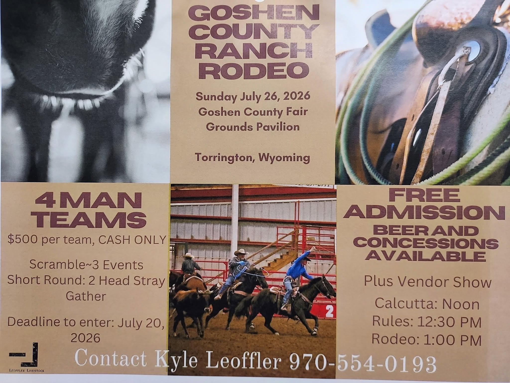 7.26 GC Ranch Rodeo Goshen County Ranch Rodeo flyer for Sunday, July 26, 2026 at the Goshen County Fairgrounds Pavilion in Torrington, Wyoming.