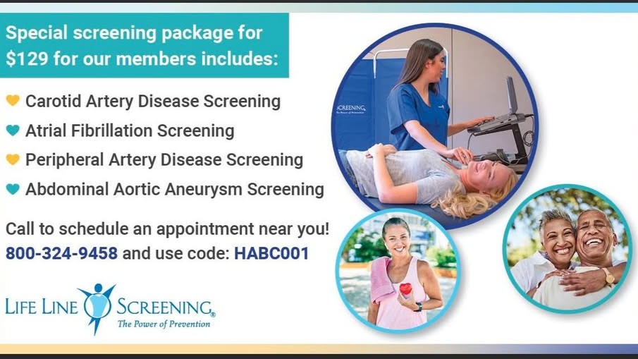 Life Line Screening promotional graphic highlighting cardiovascular and vascular health screenings available in Torrington, Wyoming.
