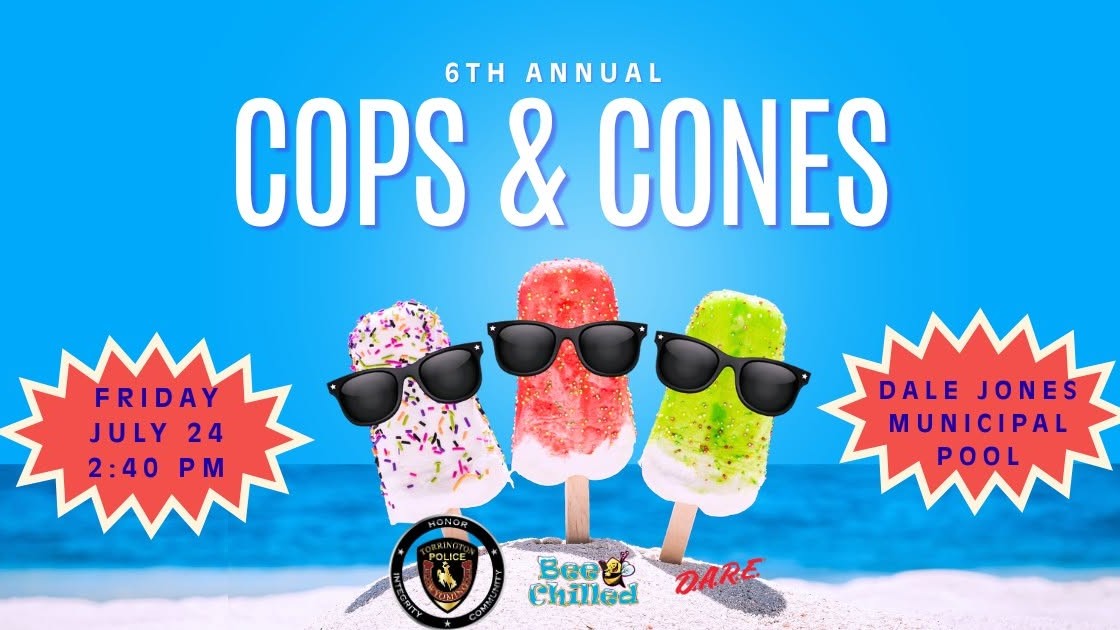 Children and families are invited to the 6th Annual Cops & Cones event at Dale Jones Municipal Pool in Torrington, Wyoming, featuring free frozen treats and community engagement with the Torrington Police Department.