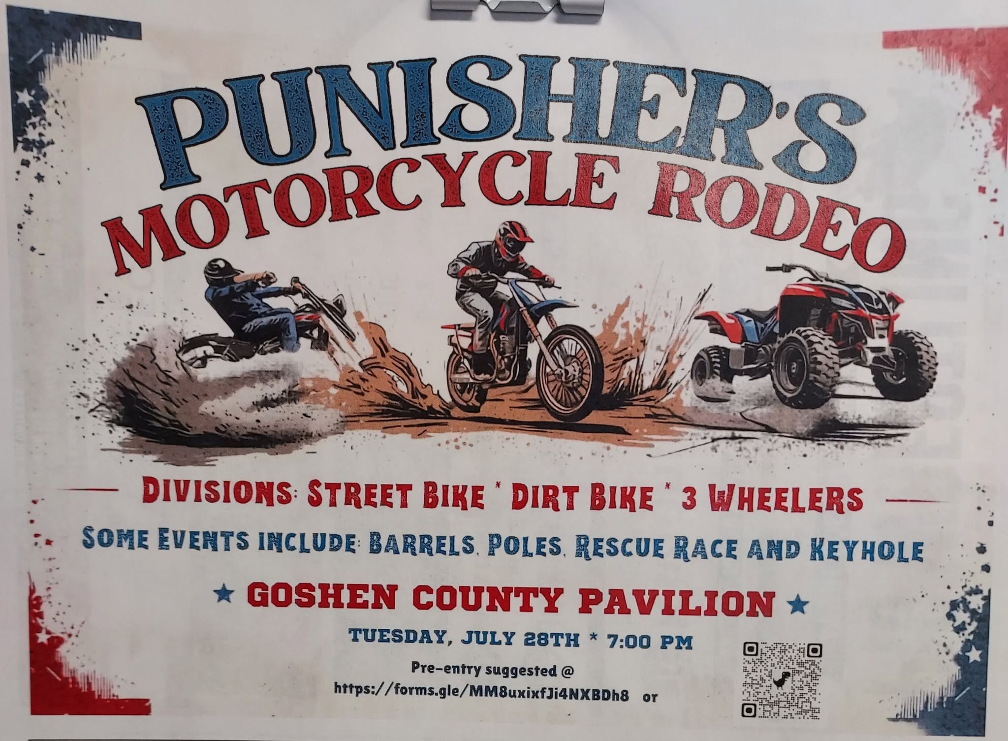 Punisher’s Motorcycle Rodeo flyer for Tuesday, July 28 at 7:00 PM in the Goshen County Pavilion, featuring street bike, dirt bike, and 3-wheeler divisions.