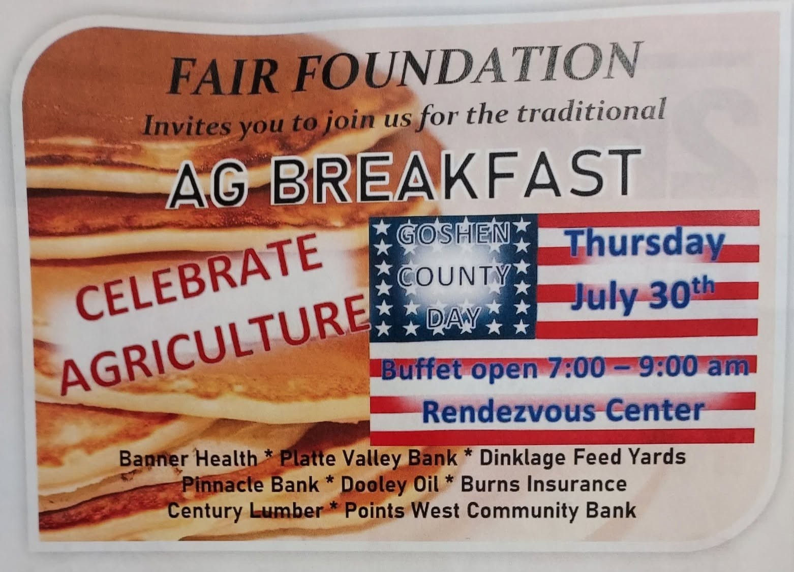 Fair Foundation Ag Breakfast flyer for Thursday, July 30 from 7:00 AM to 9:00 AM at the Rendezvous Center during Goshen County Fair Week.