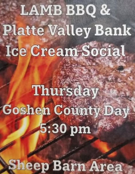 7.30 GC Fair Lamb Ice Cream Social Lamb BBQ and Platte Valley Bank Ice Cream Social flyer for Thursday, July 30 at 5:30 PM in the Sheep Barn Area at the Goshen County Fairgrounds.