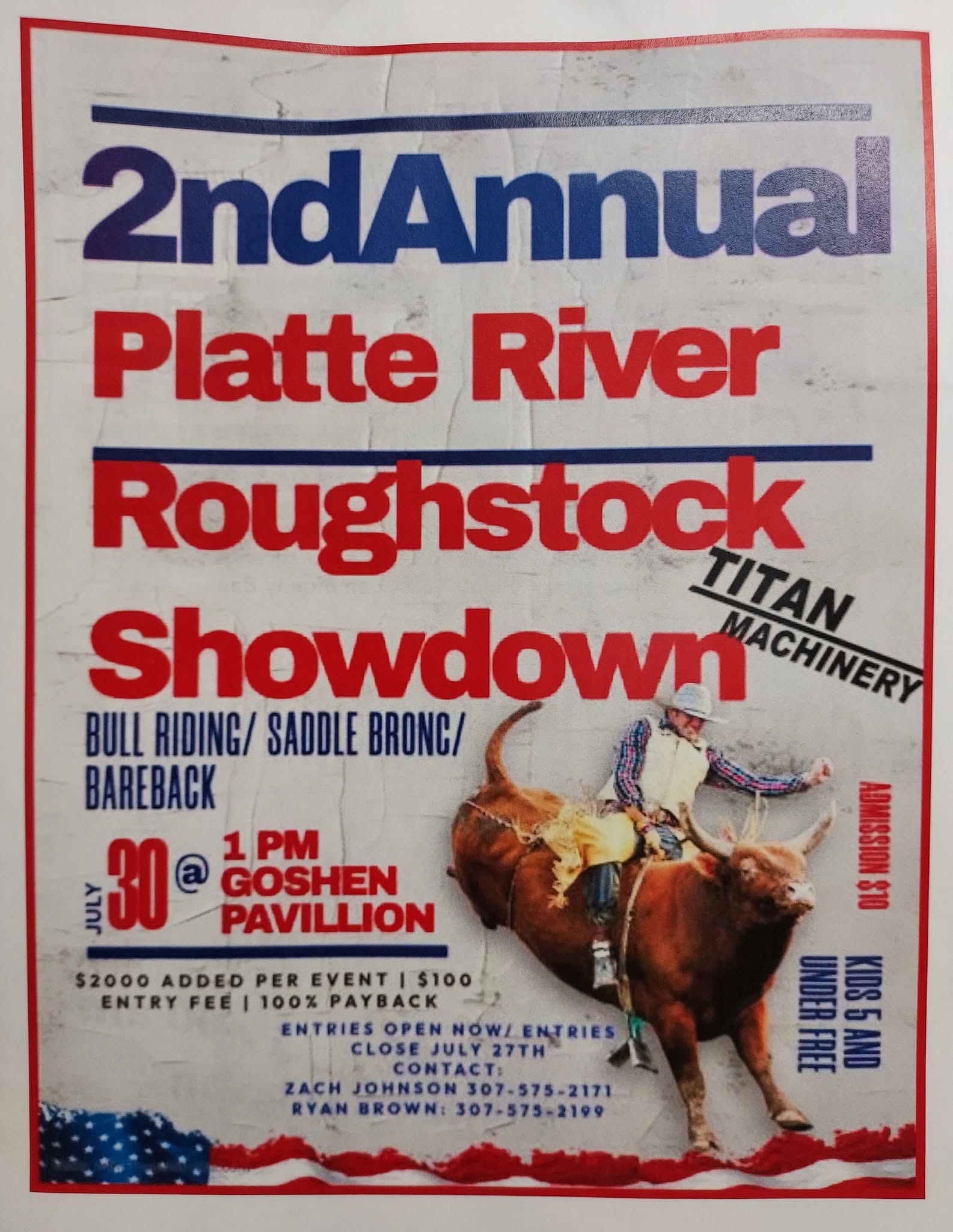7.30 GC Fair Rough Stock 2nd Annual Platte River Roughstock Showdown flyer for Thursday, July 30 at 1:00 PM in the Goshen County Pavilion, featuring bull riding, saddle bronc, and bareback riding.