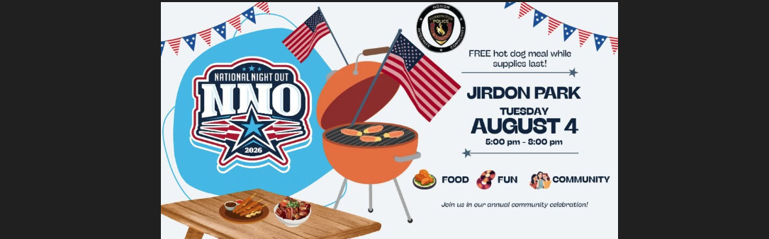 Torrington Police Department announcement for National Night Out at Art Jones Park in Torrington, Wyoming. 5 pm to 8 pm