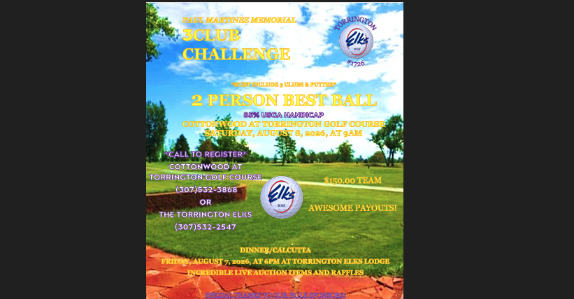 Paul Martinez Memorial 3 Club Challenge golf tournament at Cottonwood Golf Course in Torrington, Wyoming, on August 8, 2026.