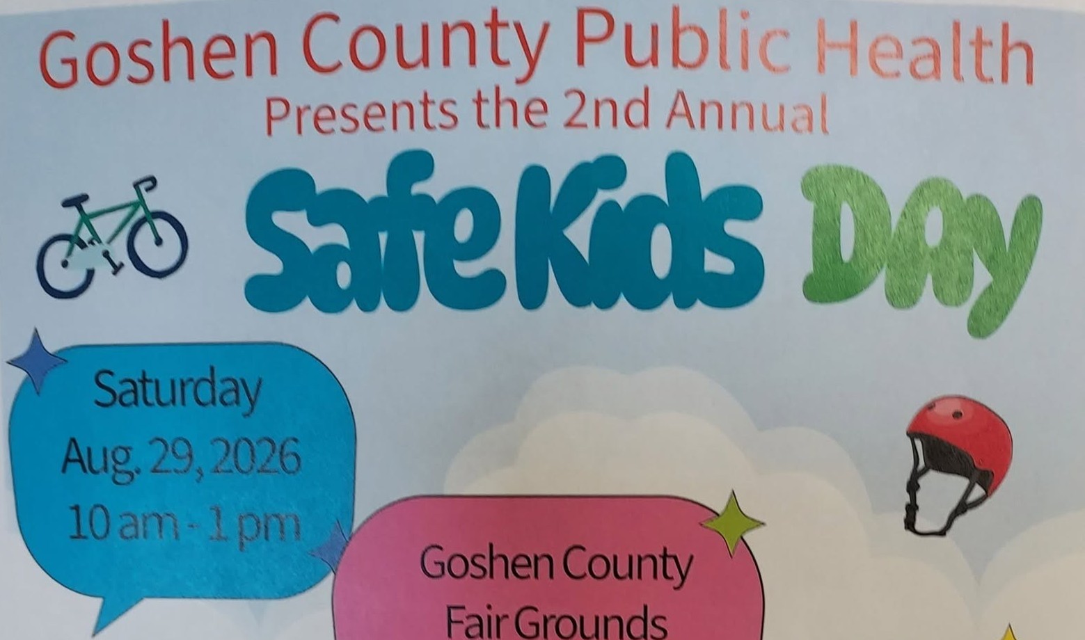 2nd Annual Goshen County Safe Kids Day at the Goshen County Fairgrounds in Torrington on August 29, 2026.