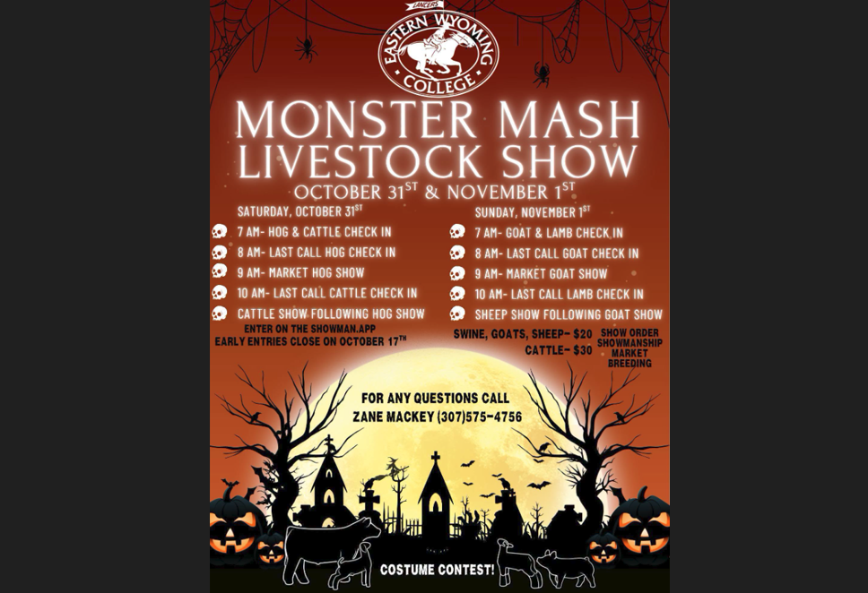 Eastern Wyoming College Monster Mash Livestock Show October 31 and November 1, 2026, featuring hog, cattle, goat and sheep shows.