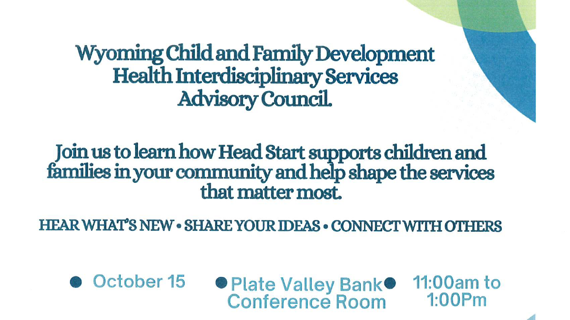 Wyoming Child and Family Development Health Interdisciplinary Services Advisory Council meeting flyer for October 15, 2026, at Platte Valley Bank.